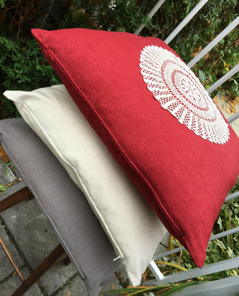 Red linen cushion with crochet doily outside - Shopping Blue
